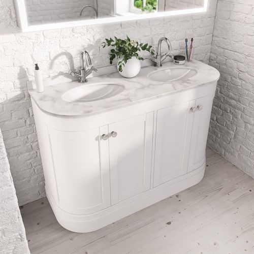 Hardwick Curved 1200mm Floorstanding Vanity Unit, Quartz Worktop and Double Basin - Matt White