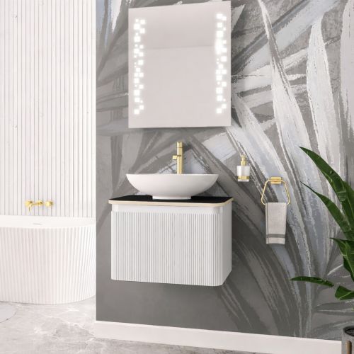 Belice Fluted 600mm Wall Hung Unit - High Gloss White inc Black Stone Top