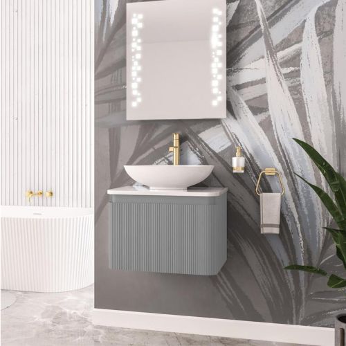 Belice Fluted 600mm Wall Hung Vanity Unit and White Stone Top - Grey
