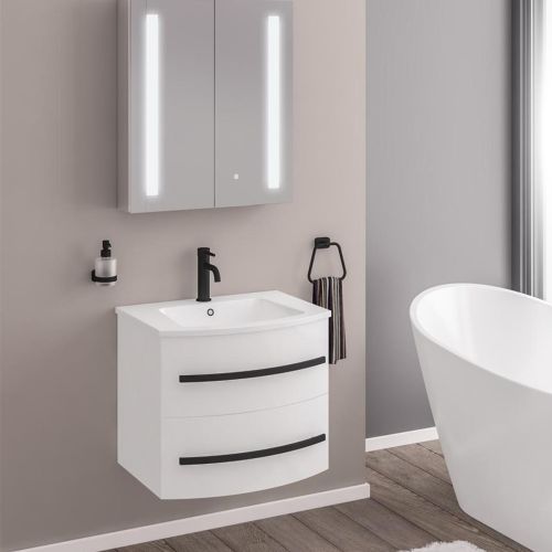 Centa 600mm Curved Wall Hung Vanity Unit and Basin (Excludes Handles) - High Gloss White
