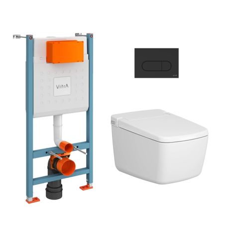 Vitra V-Care Prime Smart Wall-Hung Toilet and Seat, 112cm Cistern and Matt Black Flush Plate
