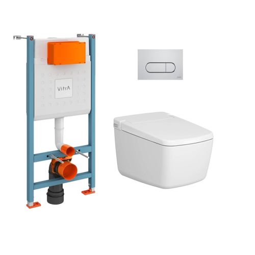 Vitra V-Care Prime Smart Wall-Hung Toilet and Seat, 112cm Cistern and Chrome Flush Plate