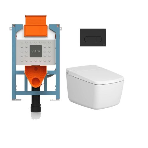 Vitra V-Care Prime Smart Wall-Hung Toilet and Seat, 82cm Cistern and Matt Black Flush Plate