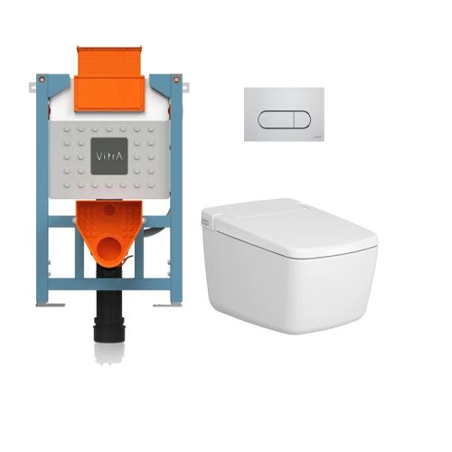 Vitra V-Care Prime Smart Wall-Hung Toilet and Seat, 82cm Cistern and Chrome Flush Plate