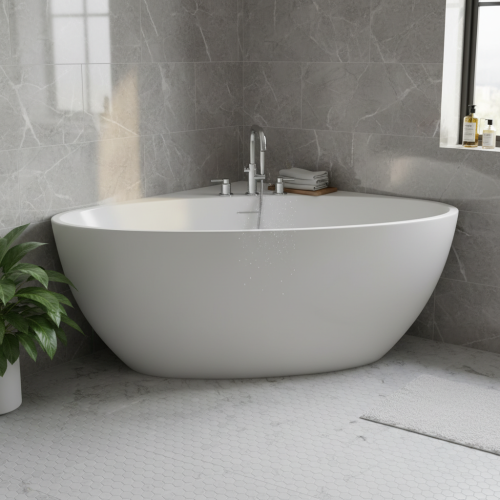 Viktor Benson Orion 1260 x 1260mm Freestanding Corner Bath - Slim Overflow & White Waste