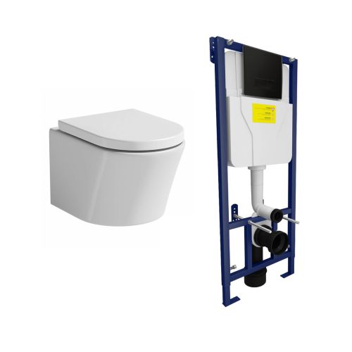 Arc Wall Hung Toilet & SAN85 1.1m Wall Hung WC Frame Deal & Black Flush Plate (20387)