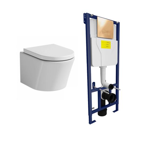 Arc Wall Hung Toilet & SAN85 1.1m Wall Hung WC Frame Deal & Brushed Brass Flush Plate (20394)