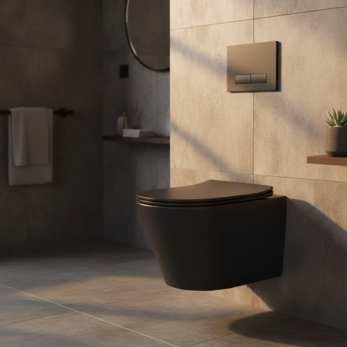 Arc Rimless Black Wall Hung Toilet & SAN85 1.1m Wall Hung WC Frame Deal & Black Flush Plate (21914)