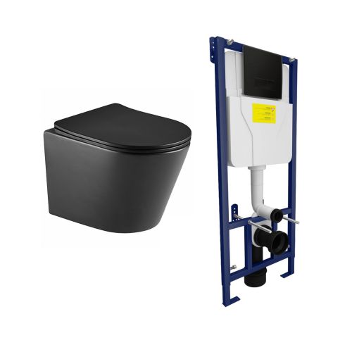 Arc Rimless Black Wall Hung Toilet & SAN85 1.1m Wall Hung WC Frame Deal & Black Flush Plate (21914)