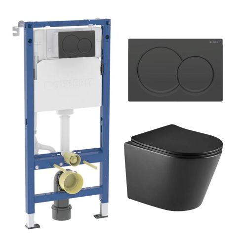 Geberit Duofix 1.12m Wall Hung WC Frame 3 in 1 Deal with Black Flush Plate and Black Wall Hung Toilet