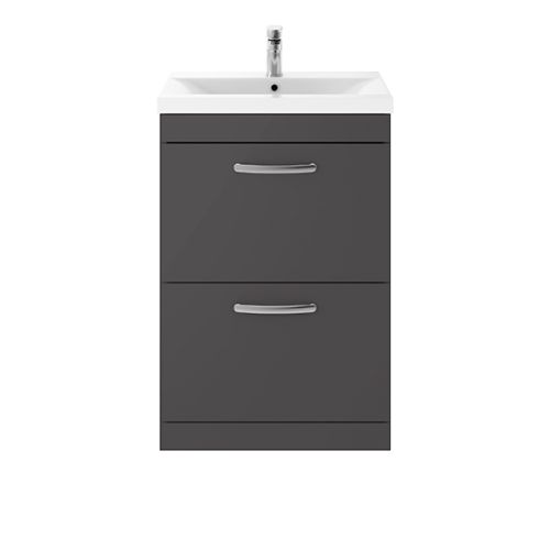 Nuie Athena 600mm Floorstanding Double Drawer Vanity Unit & Minimalist Basin - Gloss Grey (10737)