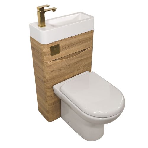 Baltimore 500mm 2-in 1 Round Toilet & Basin Combo Pack - Bardolino Oak/Brushed Brass (16400)