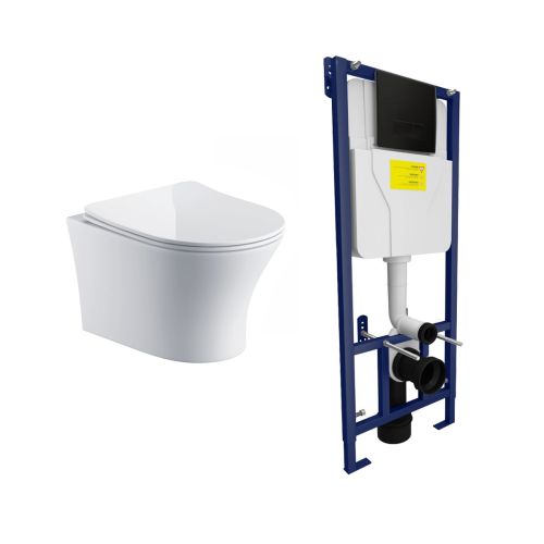 Bali Wall Hung Toilet & SAN85 1.1m Wall Hung WC Frame Deal & Black Flush Plate (21448)