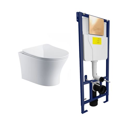 Bali Wall Hung Toilet & SAN85 1.1m Wall Hung WC Frame Deal & Brushed Brass Flush Plate (21452)