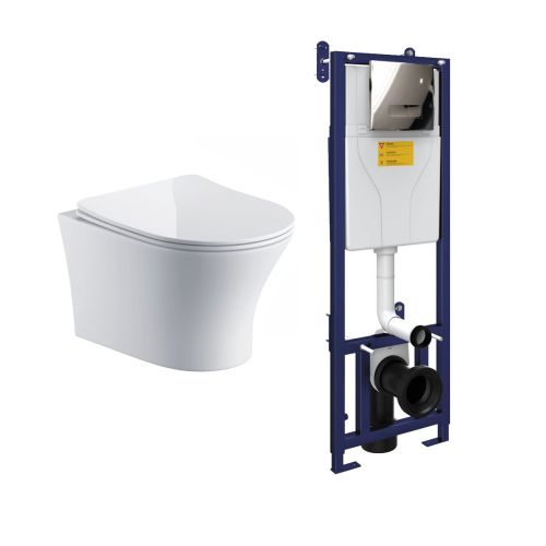 Bali Wall Hung Toilet & SAN85 1.1m Wall Hung WC Frame Deal & Chrome Flush Plate (21445)