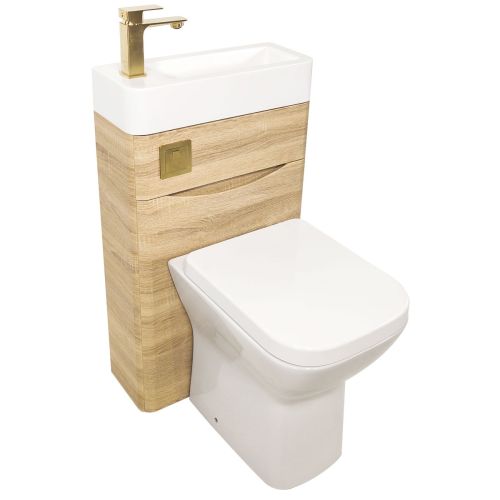 Baltimore 500mm 2-in 1 Square Toilet & Basin Combo Pack- Bardolino Oak/Brushed Brass (16409)