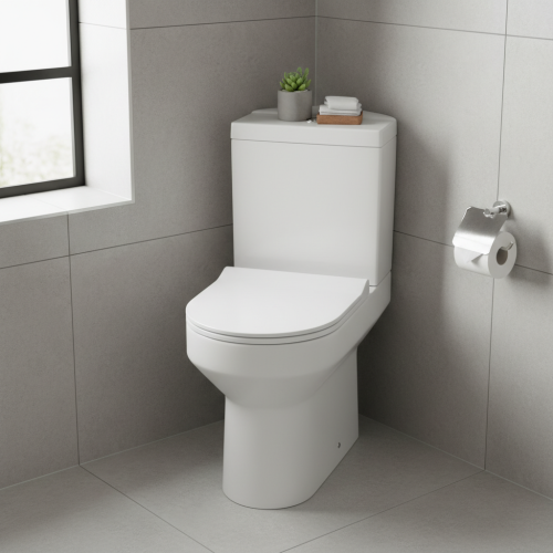 Harmony Rimless Comfort Height Close Coupled Corner Toilet with Soft Close Toilet Seat