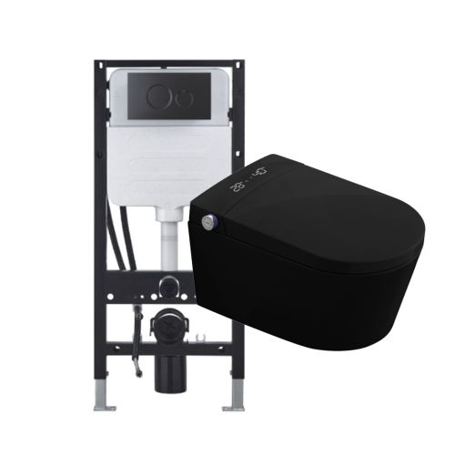Zenwash Wall Hung Matt Black Toilet with Black Flush Plate