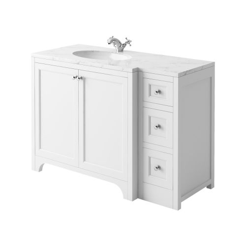 Harrogate Brunswick 1200mm Left Hand Return Vanity Unit & Carrara White Solid Surface Basin - Arctic White (15801)