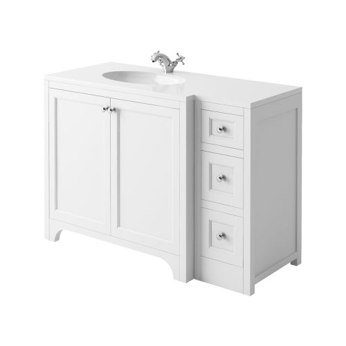 Harrogate Brunswick 1200mm Left Hand Return Vanity Unit & White Solid Surface Basin - Arctic White (15798)