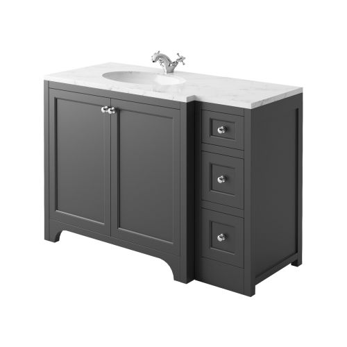 Harrogate Brunswick 1200mm Left Hand Return Vanity Unit & Carrara White Solid Surface Basin - Spa Grey (15803)