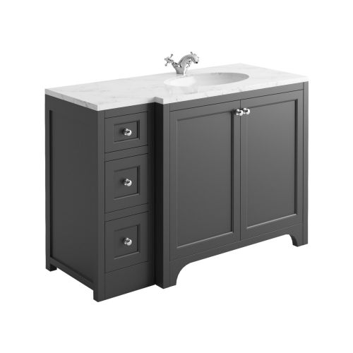 Harrogate Brunswick 1200mm Right Hand Return Vanity Unit & Carrara White Solid Surface Basin - Spa Grey (15797)