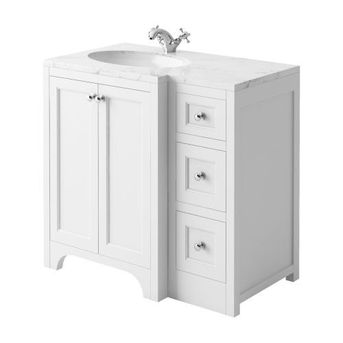 Harrogate Brunswick 900mm Left Hand Return Vanity Unit & Carrara Solid Surface Basin - Arctic White (15774)