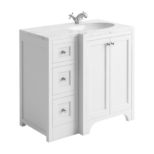 Harrogate Brunswick 900mm Right Hand Return Vanity Unit & Carrara Solid Surface Basin - Arctic White (15768)