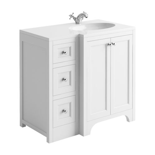 Harrogate Brunswick 900mm Right Hand Return Vanity Unit & White Solid Surface Basin - Arctic White (15765)