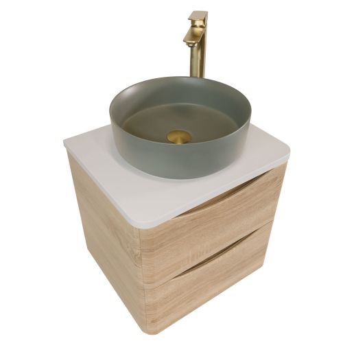 Baltimore 600mm Wall Mounted Vanity Unit, Worktop, Basin & Brushed Brass Tap - Bardolino Oak