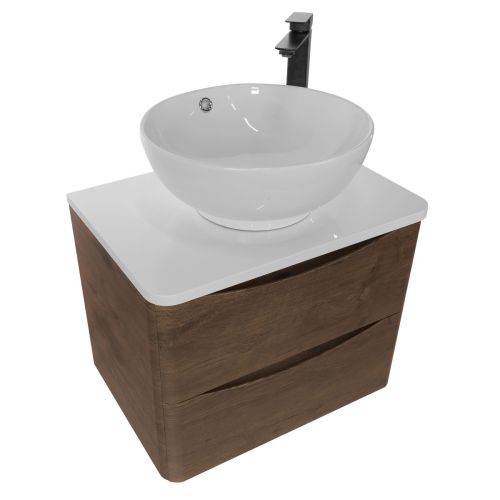 Baltimore 600mm Wall Mounted Vanity Unit, Worktop, Basin & Black Tap - Chestnut