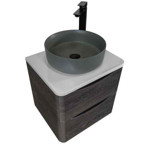 Baltimore 600mm Wall Mounted Vanity Unit, Worktop, Grey Basin & Black Tap - Graphite Oak