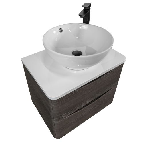 Baltimore 600mm Wall Mounted Vanity Unit, Worktop, Basin & Black Tap - Graphite Oak