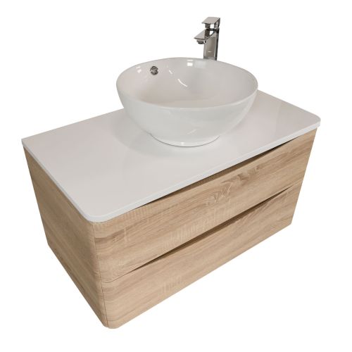 Baltimore 900mm Wall Mounted Vanity Unit, Worktop, Basin & Chrome Tap - Bardolino Oak