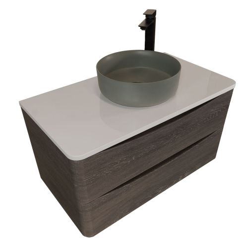 Baltimore 900mm Wall Mounted Vanity Unit, Worktop, Basin & Black Tap - Graphite Oak