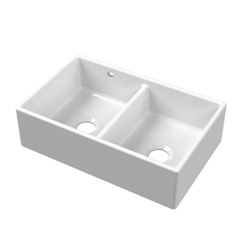 Nuie Butler Double Bowl 795x500x220mm Fireclay Sink with Stepped Weir & Overflow - White (20296)