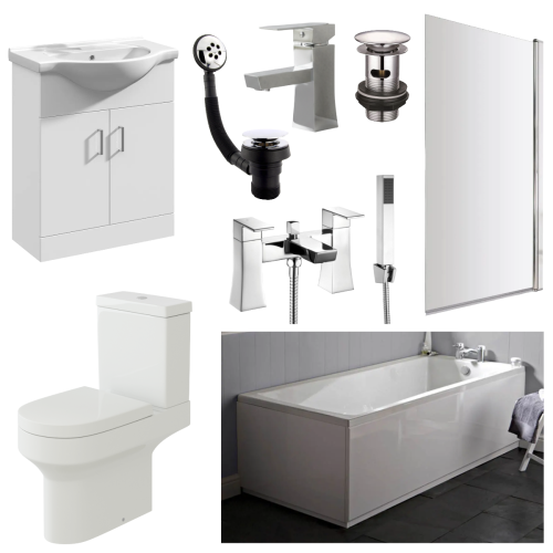 1700mm Single Ended Bath, Toilet, 650mm Vanity, Bath Screen and Tap Deal