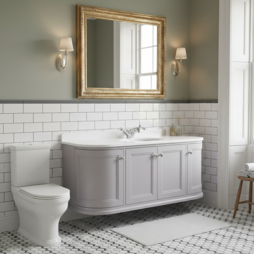 Kingsbury Classic Curved 1200mm Wall Mounted Vanity Unit, Shandon Toilet & Tap Bundle