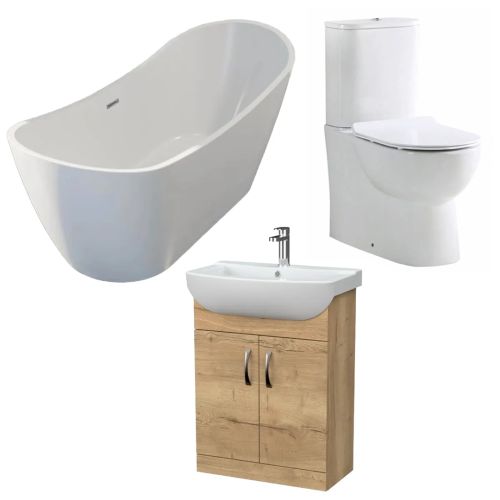 Ikoma 650mm Vanity, Synergy Bolsena 1800mm Freestanding Bath and Ari Toilet Bundle