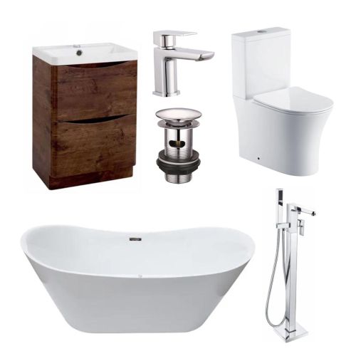Taha 1700 Freestanding Whirlpool Bath Suite - Bali Rimless Back to Wall Toilet