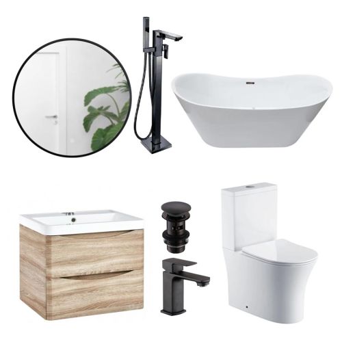 Taha 1700 Freestanding Whirlpool Bath Suite - Bali Rimless Back to Wall Toilet & Mirror