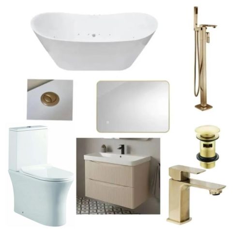 Taha 1800 Freestanding Whirlpool Bath Suite - Cali Comfort Height Back to Wall Toilet