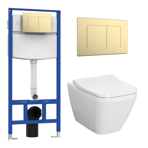 Vitra Integra Square Rimless Wall Hung Pan & Frame Bundle - Brushed Brass