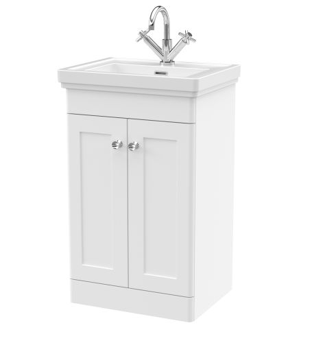 Nuie Classique 500mm Satin White Traditional Floor Standing 2-Door Unit & Basin 1 Tap Hole