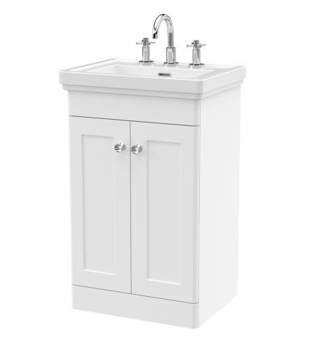 Nuie Classique 500mm Satin White Traditional Floor Standing 2-Door Unit & Basin 3 Tap Holes