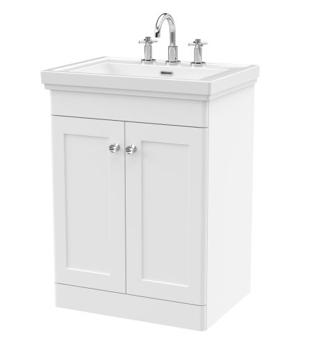 Nuie Classique 600mm Satin White Traditional Floor Standing 2-Door Unit & Basin 3 Tap Holes