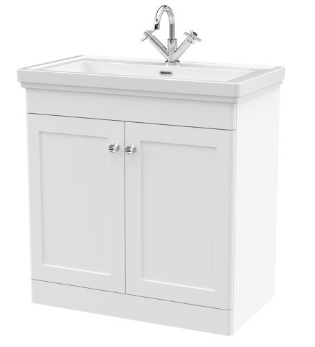 Nuie Classique 800mm Satin White Traditional Floor Standing 2-Door Unit & Basin 1 Tap Hole