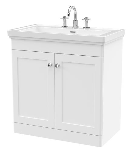 Nuie Classique 800mm Satin White Traditional Floor Standing 2-Door Unit & Basin 3 Tap Holes