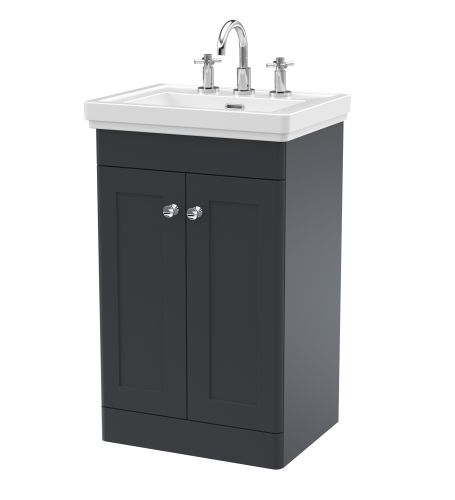 Nuie Classique 500mm Satin Anthracite Traditional Floor Standing 2-Door Unit & Basin 3 Tap Holes