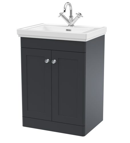 Nuie Classique 600mm Satin Anthracite Traditional Floor Standing 2-Door Unit & Basin 1 Tap Hole